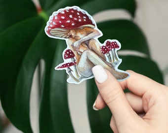 Mushroom Woman Watercolor Sticker: Glossy Waterproof Plant Art