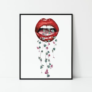 Red Lips and Variegated String of Hearts Watercolor Painting | Plant Art | 11x14 8x10 5x7