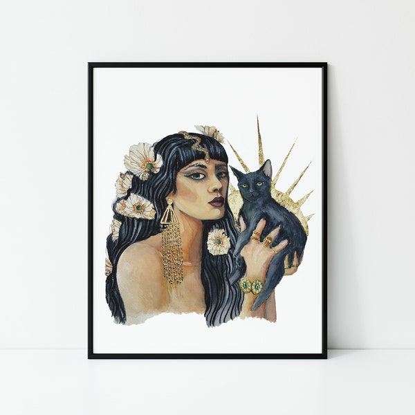 White Poppy Cleopatra and Black Cat Watercolor Painting | Woman, Poppy Flowers and  Cat Art | 11x14 8x10 5x7