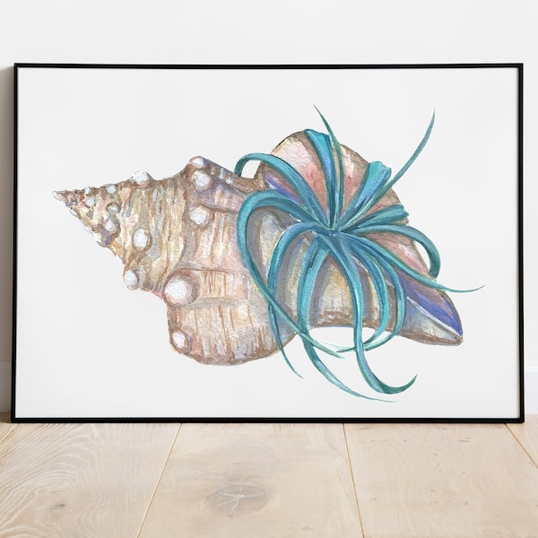 Airplant Conch Shell  Watercolor Painting Print l Shell Wall Art | 11x14 8x10 5x7