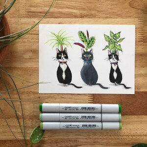 以下が含まれることがあります： 首輪をした黒と白の猫3匹の手描きイラスト。それぞれの猫の頭の上には、異なる種類の観葉植物が生えています。植物は、緑と黄色のドラセナ、赤と緑の祈りの植物、緑のポトスです。