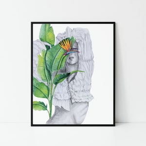 Bird of Paradise Woman Watercolor Painting | Plant Art | 11x14 8x10 5x7
