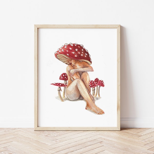 Mushroom Woman Watercolor Painting | Mushroom Art | Nature Lover Gift | Fungi Art | Botanical Art 11x14 8x10 5x7