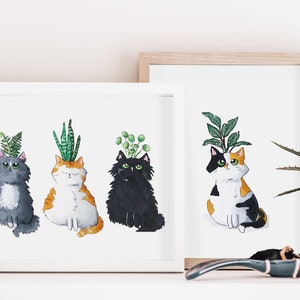 Portrait personnalisé de plante pour animaux de compagnie de dessin animé | Dessiné à la main | Marqueur Copic Art original chat et plante