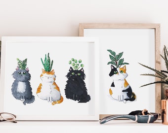 Custom Cartoon Pet Plant Portrait | Hand Drawn | Copic Marker Original Cat and Plant Art