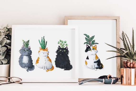 Custom Cartoon Pet Plant Portrait | Hand Drawn | Copic Marker Original Cat and Plant Art