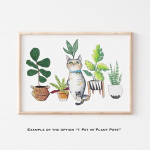 以下が含まれることがあります： 5つの鉢植えの植物の前に座っている猫の額縁入りイラスト。猫はグレーと白でオレンジ色の模様があり、青い首輪をしています。植物は、テクスチャのある表面の茶色の鉢、白い縁の茶色の鉢、黒と白のストライプの鉢、黒い縁の白い鉢など、さまざまな鉢に入っています。