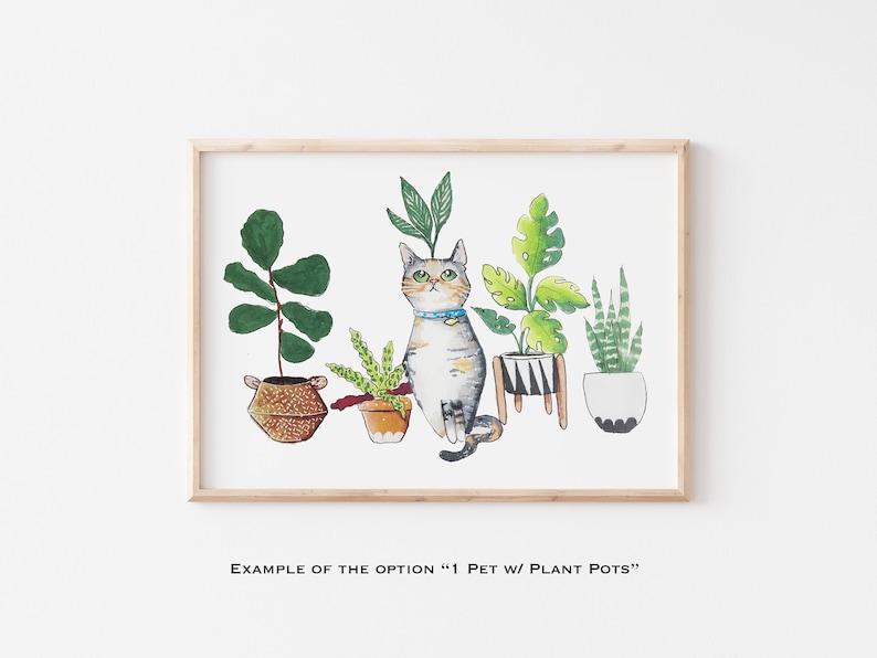 以下が含まれることがあります： 5つの鉢植えの植物の前に座っている猫の額縁入りイラスト。猫はグレーと白でオレンジ色の模様があり、青い首輪をしています。植物は、テクスチャのある表面の茶色の鉢、白い縁の茶色の鉢、黒と白のストライプの鉢、黒い縁の白い鉢など、さまざまな鉢に入っています。