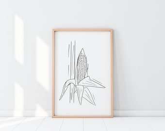 Dibujo minimalista de maíz, descarga digital, impresión de granja, boceto de maíz simple