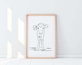 Dairy Calf Minimalist Drawing, Digital Download, Calf Print, Simple Holstein Sketch
