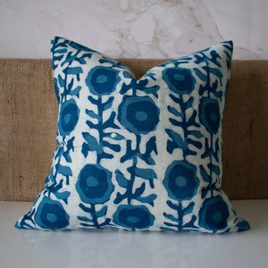 Floral Indigo Shibori Pillow,  Hand Block Print Pillow Cover, Indian Pillow cover, Blue Navy Indigo Boho, 18x18