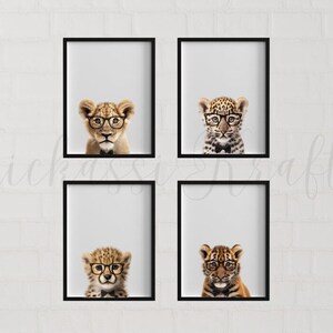 Arte de la pared del vivero Safari, linda decoración del vivero para las paredes, lindos animales en gafas de arte para el vivero, arte de la pared del vivero, decoración de la pared para la habitación de los niños