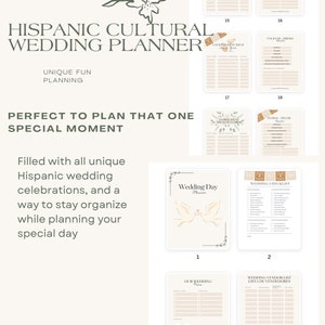 May include: A printable wedding planner designed for Hispanic cultural weddings. The planner features a floral design and includes sections for food and drink menus, floral decor, a wedding checklist, and a vendor list.