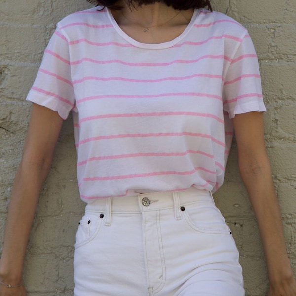 Women's Neon Pink Striped Crew Neck T-shirt 100% Cotton Made In Los Angeles