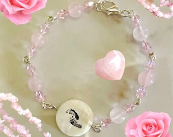 Rose Quartz Sterling Silver bracelet, actual  baby footprints bracelet, personalized bracelet for mom.