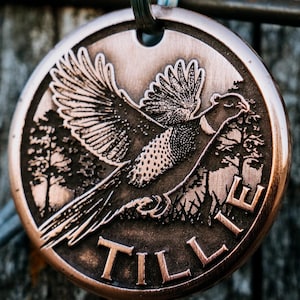May include: A copper-colored dog tag with a pheasant design and the name "Tillie" engraved on it.