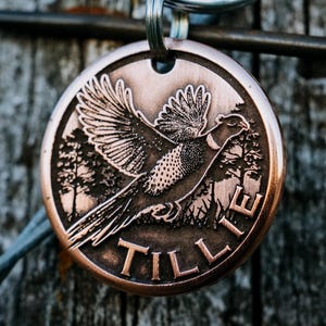 Puede incluir: Una placa circular de metal en tono cobre para mascotas con la imagen grabada de un faisán en vuelo sobre un fondo de bosque. El nombre TILLIE está grabado en letras mayúsculas en el borde inferior. Incluye una anilla de metal plateado.