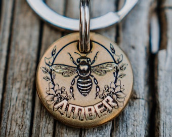 Etiqueta de abeja de miel / Grabado / Cobre / Personalizado / Etiqueta de identificación de gato mascota / Flores de abejorro