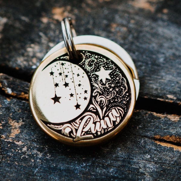 Moon Dreamcatcher Tag | Engraved | Copper | Personalized | Pet Cat Id Tag | Native American Indian | Stars | Crescent Luna