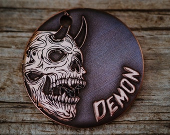 Demon Skull Dog Tag | Engraved | Copper | Personalized | Pet Cat Id Tag | Halloween | Creepy | Scary
