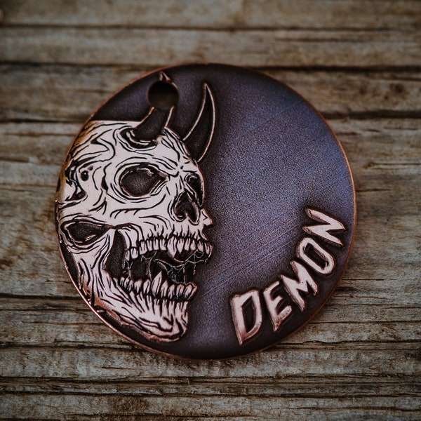 Demon Skull Dog Tag | Engraved | Copper | Personalized | Pet Cat Id Tag | Halloween | Creepy | Scary