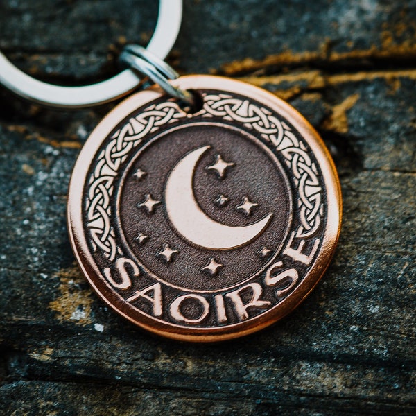 Celtic Moon Dog Tag | Engraved | Copper | Personalized | Pet Cat Id Tag | Crescent Stars | Night Scene