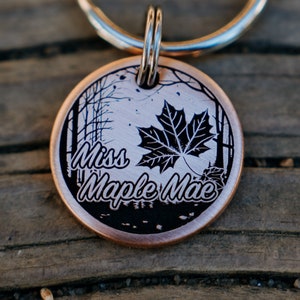 Ahornblatt Hundemarke | Graviert | Kupfer | Personalisiert | Plakette Haustier Katze | Baum Herbst Herbst