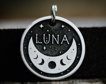 Moon Phases Dog Tag | Engraved | Copper | Personalized | Pet Cat Id Tag | Stars | Night Scene