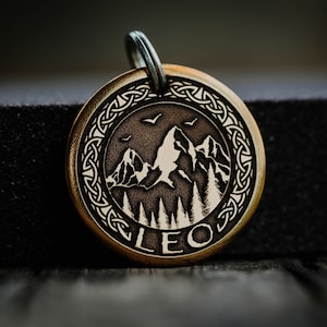 Celtic Mountains Dog Tag | Engraved | Copper | Personalized | Pet Cat Id Tag | Forest | Hiking | Pine Trees |Viking