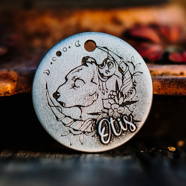 Bear Dog Tag | Engraved | Copper | Personalized | Pet Cat Id Tag | Tribal | Moon | Forest Animals | Martith