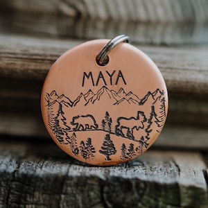Wild Forest Dog Tag | Engraved | Copper | Personalized | Pet Cat Id Tag | Bear | Moose | Mountain