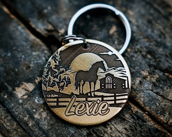 Placa de identificación para perros Horse Farm grabada de cobre personalizada para gatos