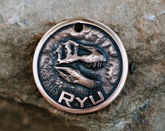 T-Rex Dog Tag | Engraved | Copper | Personalized | Pet Cat Id Tag | Jurassic Park | Dinosaur