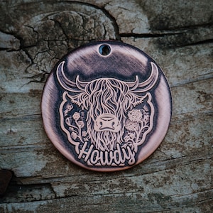 Highland Kuh Anhänger | Gravur | Kupfer | Personalisiert | Haustier Katze Marke | Rind | Stier | Schottisch