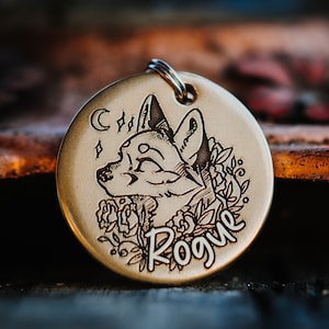 Fox Dog Tag | Engraved | Copper | Personalized | Pet Cat Id Tag | Tribal | Moon | Forest Animals | Martith