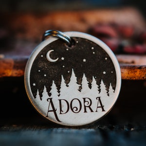 Winter Night Dog Tag | Engraved | Copper | Personalized | Pet Cat Id Tag | Christmas | X-Mas | Forest | Snowflakes