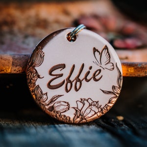 Butterfly Floral Dog Tag | Engraved | Copper | Personalized | Pet Cat Id Tag | Flowers