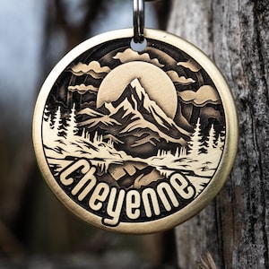 Mountain Sunset Layers Tag | Engraved | Copper | Personalized | Pet Cat Id Tag | Forest | Lake | Sunrise