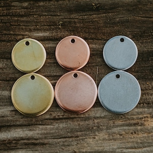 May include: Six round metal tags in different colors. The tags are arranged in a row, with three on each side. The tags are all the same size and have a hole in the center. The colors of the tags are gold, copper, silver, gold, copper, and silver.