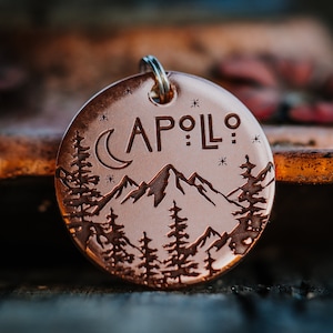 Into the Mountains Dog Tag | Engraved | Copper | Personalized | Pet Cat Id Tag | Forest | Hiking | Moon | Stars