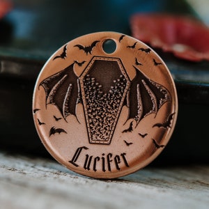 Bat Coffin Dog Tag | Engraved | Copper | Personalized | Pet Cat Id Tag | Halloween | Creepy | Scary | Haunted House | Dracula | Vampire