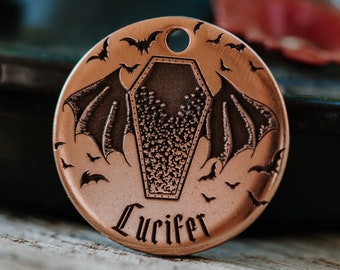 Bat Coffin Dog Tag | Engraved | Copper | Personalized | Pet Cat Id Tag | Halloween | Creepy | Scary | Haunted House | Dracula | Vampire