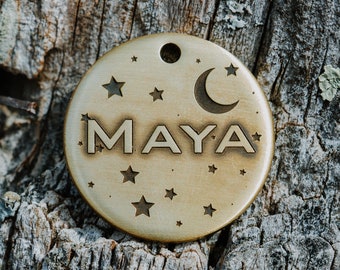 Stars and Moon Dog Tag | Engraved | Personalized | Pet Id Tag | Night Sky | Crescent