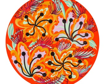 Red Floral Circle Giclee Print 16” x 16”