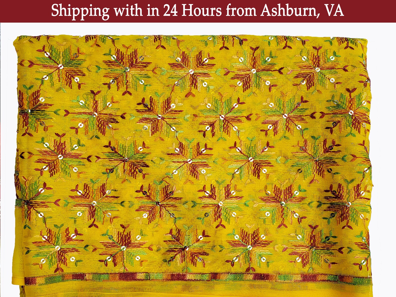 Yellow Floral Embroidery Fabric Indian Phulkari Work For Etsy