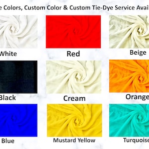 May include: A collage of fabric swatches in various colors, including white, red, beige, black, cream, orange, blue, mustard yellow, and turquoise. The text "More Colors, Custom Color & Custom Tie-Dye Service Available" is at the top of the image.