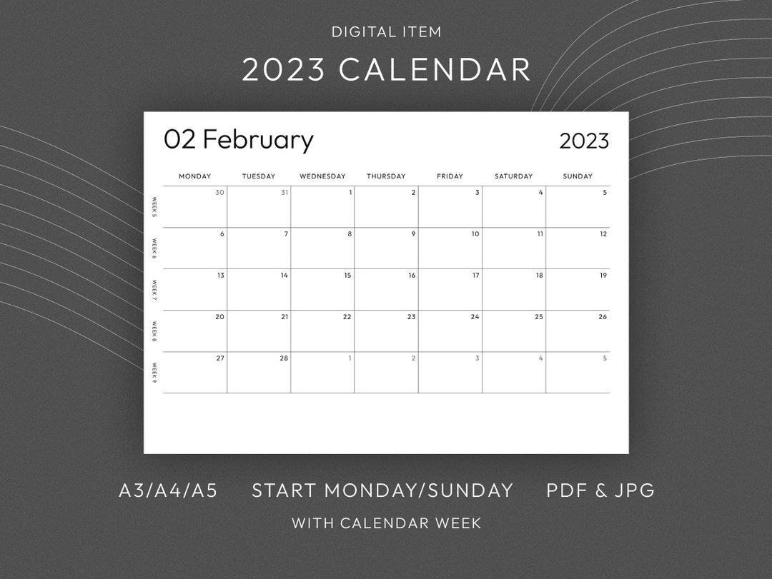 Printable Calendar 2023 Monthly Planner 2023 Minimalist A3, A4, A5