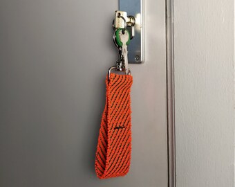 Upcycled neon orange woven key ring with carabiner