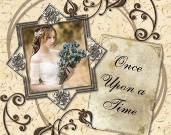 Vintage Romance Scrapbook Template: Silver Frame, Brown Flourishes (Digital Download)