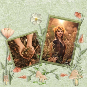 Può includere: Composizione di arte digitale con due foto incorniciate e abbellimenti floreali. Una foto mostra una persona con una corona di girasoli. L'altra mostra mani che tengono una pianta. Lo sfondo è verde chiaro con fiori decorativi.